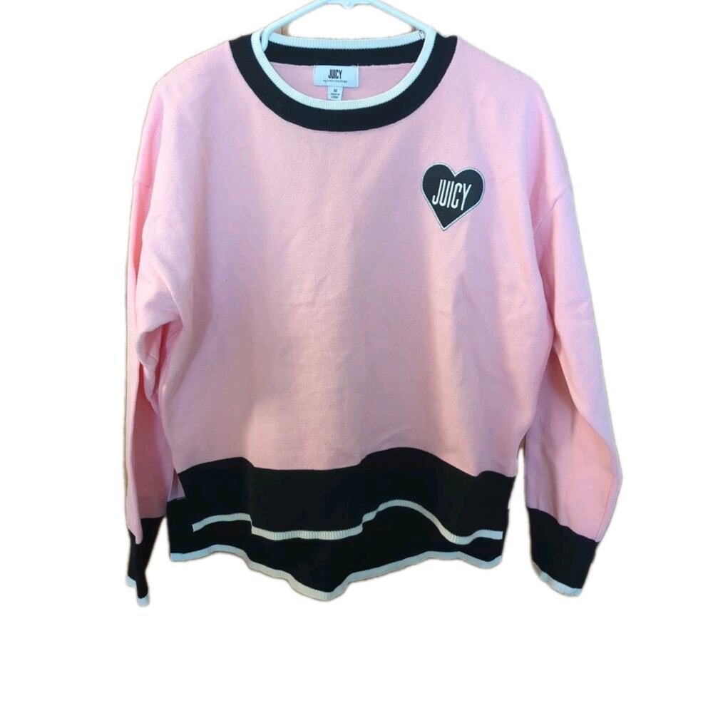 Juicy by Juicy Couture Womens Heart Pink Black Knit Sweater Sweatshirt M